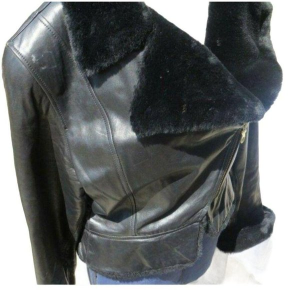 Andrew Marc NY Black Zippered Leather Jacket with Faux Fur Trim S/P JHE57 - Picture 2 of 12